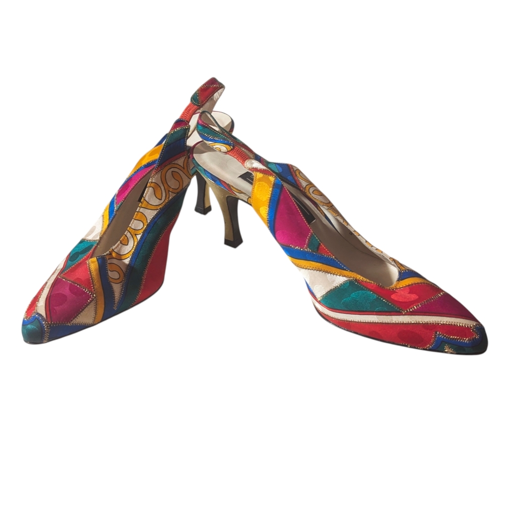 VTG STUART WEITZMAN 80s Womens 7W Sling-Back Geometric Colorblock Leather Sole
